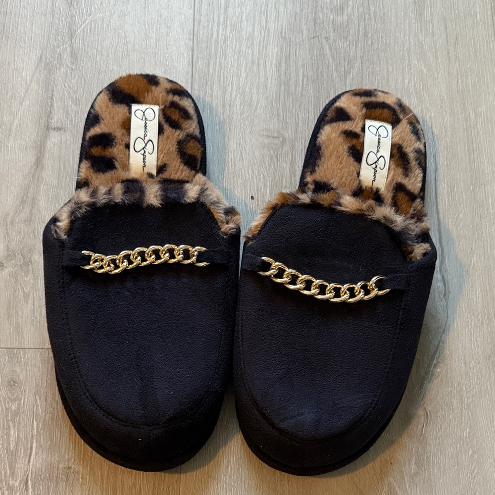 Jessica Simpson Black Slippers with Gold Chain